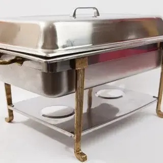 Vintage Silver Rectangular Chafer with Brass Accents Rental