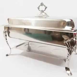 Luxurious Silver Rectangular Chafer with Decorative Details Rental